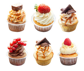 Wall Mural - Set of chocolate, vanilla and salted caramel cupcakes with fresh berries and peanuts isolated on white background, png