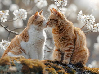 two cats are sitting together on a mossy rock. There are white flowers in the background