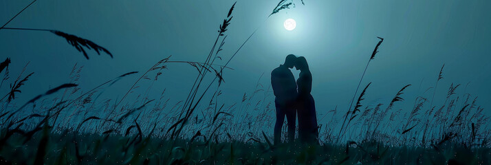 Wall Mural - A Field of Dreams A Silhouetted Couple Embracing Under the Bright Moonlit Sky Inspired by Astrophotography