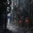A steampunk city street with gothic architecture, gears, clocks, and cobblestone streets on a foggy day