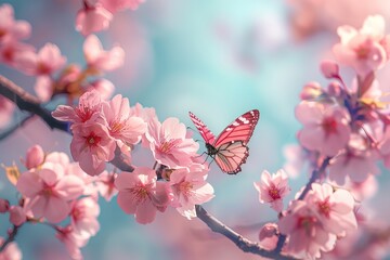 Poster - A vivid image showcasing the delicate pink blossoms of spring with a vibrant butterfly gently perched among the petals