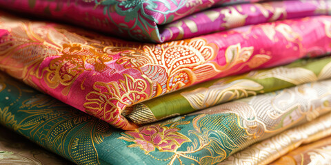 Wall Mural - Traditional fabrics with colorful patterns and textures assorted, variety of textiles. Closeup background.   