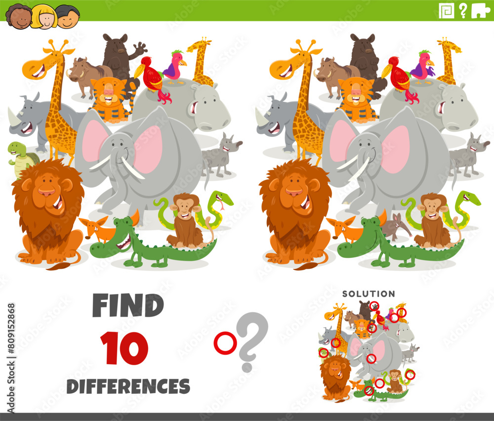 differences game with cartoon wild animals group Stock Vector | Adobe Stock