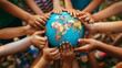 © chocoloki - a globe surrounded by diverse children hands that exudes sustainability, inclusion, diversity and education. with generative ai