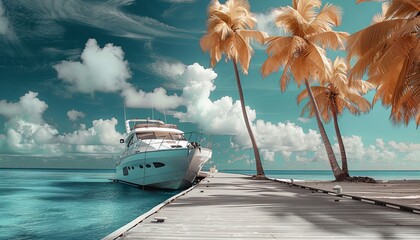 Canvas Print - An extravagant white yacht is docked at a serene tropical beach, with palm trees and a clear turquoise sea enhancing the exotic setting