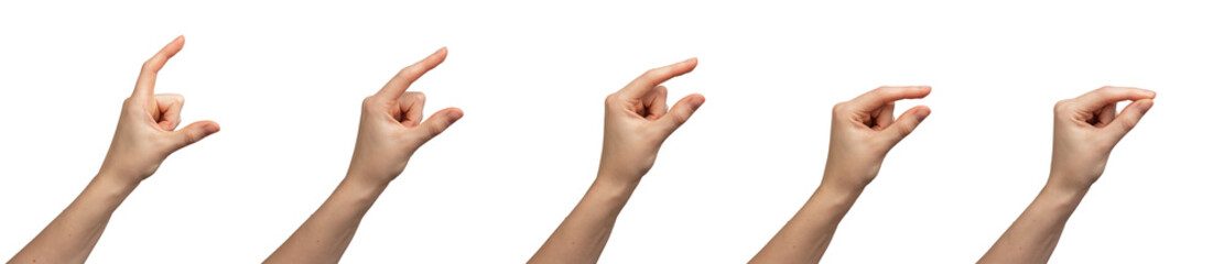 woman showing size with hand gesture, small to large. person s finger movements, white background
