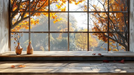 A window with a view of trees and leaves falling. The vases on the windowsill are empty