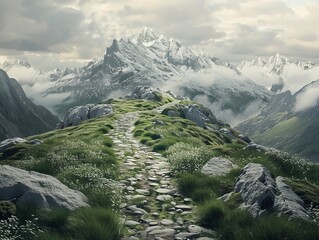 Poster - A path winding through verdant greenery leads towards a majestic snow-capped mountain under a dramatic cloudy sky