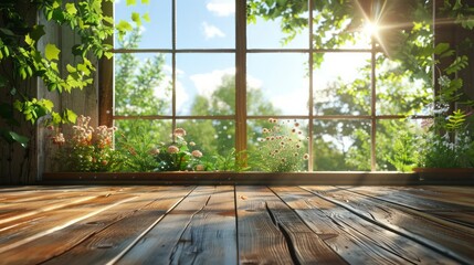 Wall Mural - A window with a view of a garden and a wooden floor