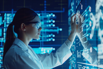 A woman in a lab coat and goggles is touching a screen