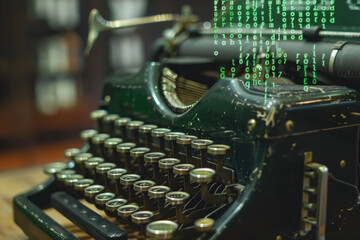 Wall Mural - An old typewriter with a green background of numbers and letters