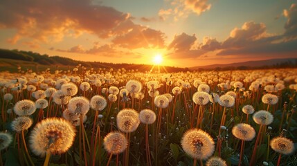 Wall Mural - A field of dandelions is in full bloom, with the sun setting in the background