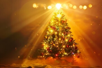 Poster - A brightly lit Christmas tree standing in the center of a room, radiating festive cheer, A beautifully decorated Christmas tree shining brightly