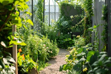 Poster - Lush garden filled with numerous green plants, showcasing a variety of genetically modified species, A bio-engineered garden filled with genetically modified plants