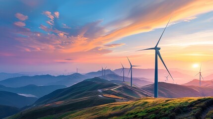 A field of wind turbines with the sun setting in the background