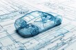 © Iftikhar alam - A hightech self-driving car blueprint laid out on top of other blueprints, showing intricate design details, A blueprint for a high-tech, self-driving car