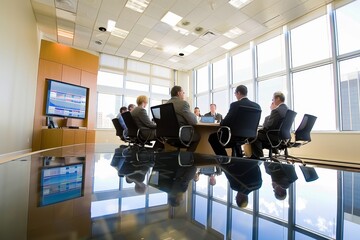 Poster - Executives engage in a boardroom meeting, discussing strategies and decisions at a conference table, A boardroom meeting with executives discussing strategies and plans