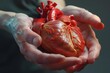 An anatomical human heart in 3D is held carefully by specialist hands, representing advanced diagnosis and treatment, Sharpen banner template with copy space on center