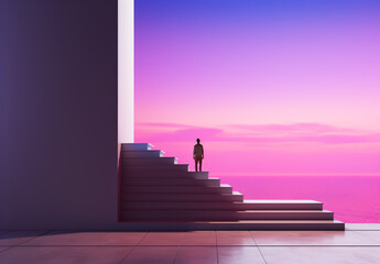 Wall Mural - Minimalist architecture in liminal space with stairs. Escapism concept. Digital art