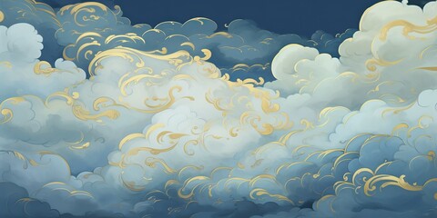 Wall Mural - Blue sky, several classical auspicious cloud patterns with gold outlines, arranged on a background with pearlescent matte effect decorative background scene