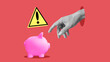 Hand steals piggy bank. Protection of Money and electronic banking security. Concept of financial crime, tax burden, unexpected expenses
