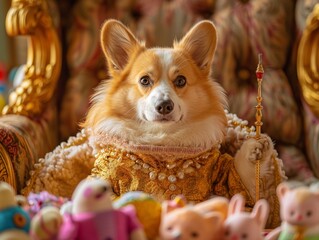 Wall Mural - A dog is wearing a gold dress and a crown, sitting on a chair. The scene has a whimsical and playful mood, as the dog is dressed up like a king or queen