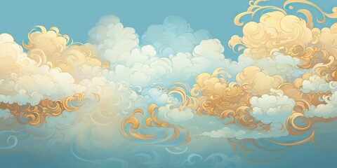 Wall Mural - Blue sky, several classical auspicious cloud patterns with gold outlines, arranged on a background with pearlescent matte effect decorative background scene