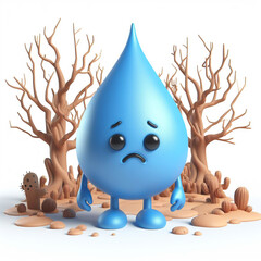 Wall Mural - Water drop cartoon on arid and dry soil and dry trees due to lack of water. World Water Day