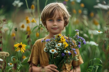 Wall Mural - A young boy stands holding a bouquet of wildflowers, A boy holding a bouquet of wildflowers with a look of wonder