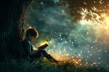 A young boy sitting under a tree engrossed in reading a book, A boy reading a book under a tree, absorbed in the story