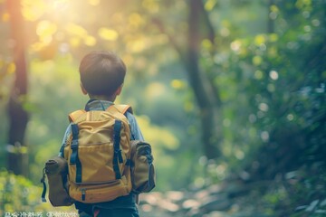 Wall Mural - A young boy with a backpack exploring the forest on foot, A boy with a backpack, ready for a new adventure