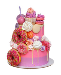 Wall Mural - Elegant pink and purple cake for a girl or a woman. Isolated on white background with copy space for text. Decorated with chocolate