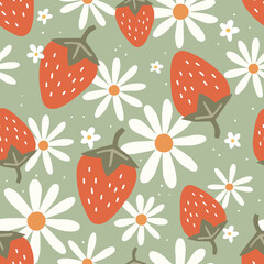 Wall Mural - Strawberries and Daisies seamless pattern. Vector background