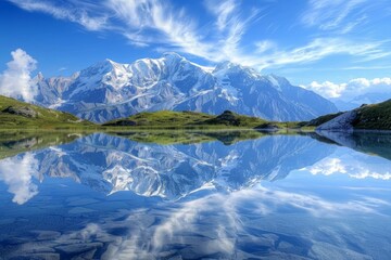 Poster - Snowcapped mountain range mirrored in serene lake, A breathtaking view of a snow-capped mountain range reflected in a glassy alpine lake