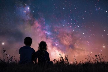 brother and sister standing together, staring up at the night sky filled with stars, a brother and s