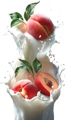 Poster - Milk Splash with Peaches and Leaves Isolated on Transparent Background in PNG Format