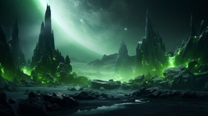 Mysterious alien landscape with glowing green lights