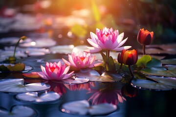 Wall Mural - Vibrant lotus flowers blooming in a tranquil pond