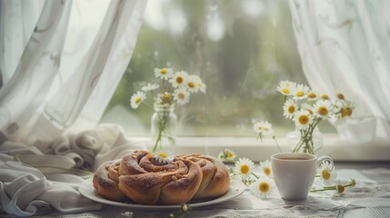 Wall Mural - A cinnamon rolls and coffee on table, surrounded by daisies in ceramic vases.