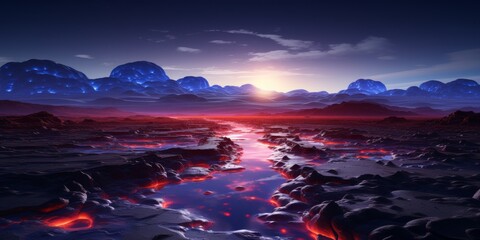 futuristic alien landscape with glowing lava and blue clouds