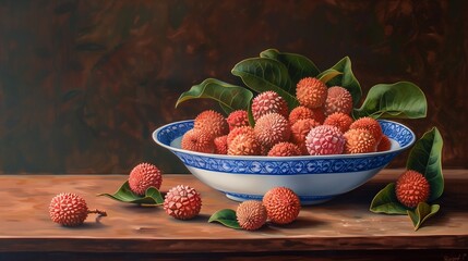 Wall Mural - A bowl of pink red lychees in a blue and white porcelain bowl with patterns on a wooden table.