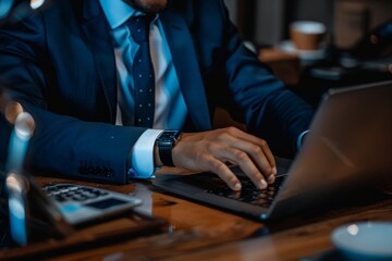 Canvas Print - A man dressed in a suit and tie is sitting at a desk, focused on typing on a laptop, A businessman sitting at a desk, typing on a laptop