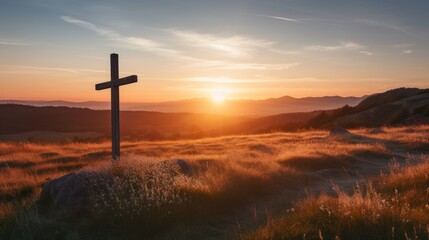 Poster - Dramatic sunset over a cross in a field