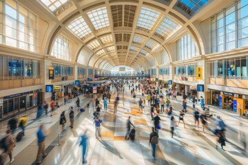 Wall Mural - Crowd of travelers moving through a busy train station, carrying luggage and looking at departure boards, A bustling airport terminal with travelers rushing to their gates