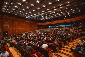 Wall Mural - A large auditorium filled with numerous attendees listening to a presentation or event, A bustling auditorium filled with attendees