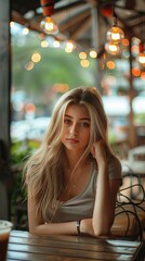 Poster - Young girl in restaurant on outdoor patio in summer.