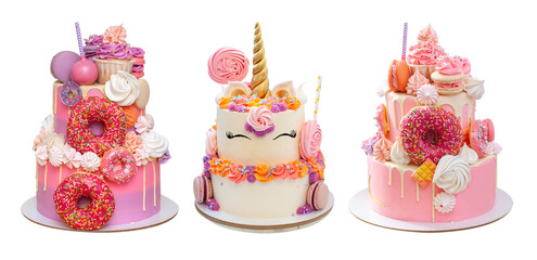 Wall Mural - Elegant pink layered cakes for a girl or a woman. Isolated on white background with copy space for text. Decorated with donuts and unicorn