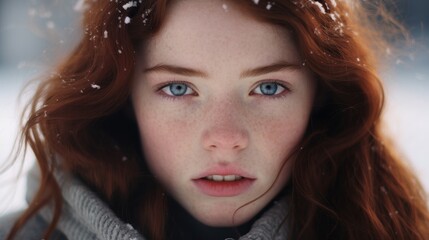 Wall Mural - portrait of a young woman with red hair and blue eyes in the snow