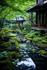 Canvas Print - serene japanese garden with koi pond and traditional architecture