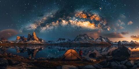 Wall Mural - Friends camping under milky way with Illuminated tent, night landscape in mountain range